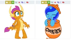 Size: 591x328 | Tagged: safe, artist:frownfactory, artist:fuzzybrushy, derpibooru import, smolder, oc, oc:spacelight, unofficial characters only, dragon, pony, unicorn, derpibooru, a matter of principals, adorable face, cookie, cookie jar, cookie jar pony, cute, dragoness, eating, female, food, horns, juxtaposition, mare, meta, micro, scared, simple background, solo, transparent background, vector, wings