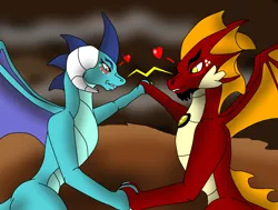 Size: 2441x1849 | Tagged: safe, artist:pd123sonic, derpibooru import, princess ember, oc, oc:garro, dragon, blushing, canon x oc, dragoness, dragon lord ember, female, heart, holding hands, looking at each other, male, not garble, sparring