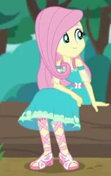 Size: 277x438 | Tagged: safe, derpibooru import, screencap, fluttershy, equestria girls, equestria girls series, text support, cropped, feet, female, geode of fauna, sandals, smiling, solo, text support: fluttershy