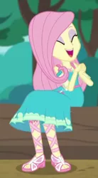 Size: 245x443 | Tagged: safe, derpibooru import, screencap, fluttershy, equestria girls, equestria girls series, text support, cropped, eyes closed, feet, female, geode of fauna, sandals, smiling, solo, text support: fluttershy