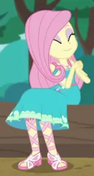 Size: 233x438 | Tagged: safe, derpibooru import, screencap, fluttershy, equestria girls, equestria girls series, text support, cropped, eyes closed, feet, female, geode of fauna, sandals, smiling, solo, text support: fluttershy