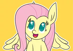 Size: 2169x1518 | Tagged: safe, artist:tridashie, derpibooru import, fluttershy, pegasus, pony, bust, eyelashes, female, looking away, looking up, mare, open mouth, orange background, outline, portrait, simple background, smiling, solo, spread wings, white outline, wings