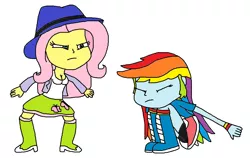 Size: 1028x648 | Tagged: safe, artist:logan jones, derpibooru import, fluttershy, rainbow dash, equestria girls, boots, chinese cowboy impression, clothes, cowgirl, female, hat, jacket, parody, shoes, squint, super mario bros., super mario bros. super show