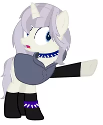 Size: 1512x1830 | Tagged: safe, artist:frostybases, artist:macadoptables, derpibooru import, oc, oc:aesthetic adore, unofficial characters only, pony, unicorn, icey-verse, base used, black socks, choker, clothes, female, hoodie, magical lesbian spawn, mare, offspring, open mouth, parent:inky rose, parent:lily lace, parents:inky lace, pointing, simple background, socks, solo, spiked choker, spiked wristband, stockings, thigh highs, white background, wristband