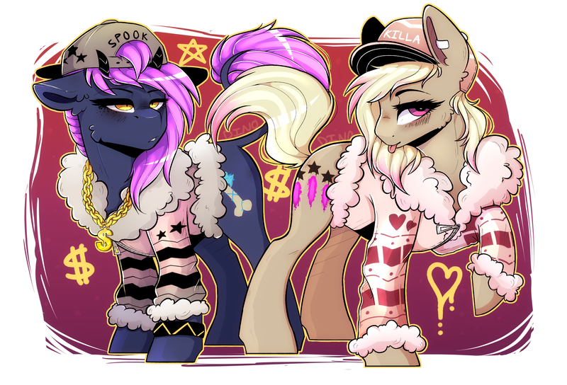 Size: 2600x1767 | Tagged: safe, artist:dino_horse, deleted from derpibooru, derpibooru import, oc, oc:cam, oc:spook, demon pony, earth pony, pony, clothes, coat, female, gangsta, hat, mare