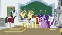 Size: 1920x1080 | Tagged: safe, derpibooru import, screencap, chancellor neighsay, flam, flim, rarity, star swirl the bearded, twilight sparkle, twilight sparkle (alicorn), alicorn, pony, friendship university, flim flam brothers, neighsaybetes, smiling, when he smiles