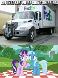 Size: 651x877 | Tagged: safe, artist:davidsfire, derpibooru import, edit, vector edit, princess cadance, starlight glimmer, trixie, fedex, female, get in loser, hoof hold, image macro, lesbian, loser, love, mean girls, meme, picnic, pun, shipping, startrix, vector, visual pun