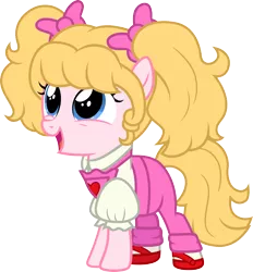 Size: 3000x3230 | Tagged: safe, artist:cloudyglow, derpibooru import, molly williams, ponified, pony, awww, blonde, bow, clothes, cute, female, filly, g1, g1 to g4, generation leap, hair bow, happy, pigtails, shoes, simple background, solo, transparent background