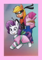 Size: 2875x4088 | Tagged: safe, artist:mustachedbain, derpibooru import, applejack, pinkie pie, rarity, earth pony, pony, unicorn, alternate hairstyle, atg 2018, clothes, cosplay, costume, cyberponk, cyberpunk, female, kimono (clothing), mare, mohawk, naruto, newbie artist training grounds, ninja, uzumaki naruto