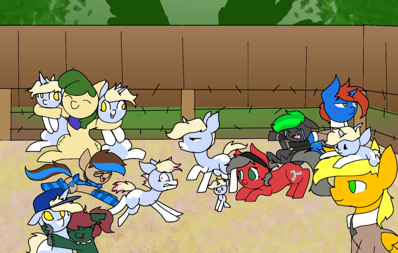 Size: 1472x937 | Tagged: safe, artist:nootaz, derpibooru import, oc, oc:bytewave, oc:cyberpon3, oc:mossy vine, oc:nootaz, oc:nova strike, oc:shayna, unofficial characters only, pony, chase, crying, dragging, hug, size difference