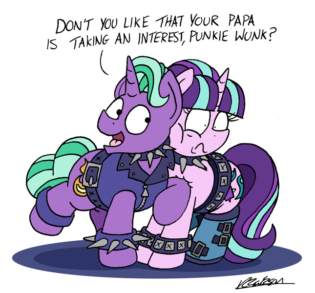 Size: 1662x1547 | Tagged: safe, artist:bobthedalek, derpibooru import, firelight, starlight glimmer, pony, unicorn, boots, choker, clothes, collar, edgelight glimmer, embarrassed, father and daughter, fathers gonna father, female, male, mare, nickname, punk, shoes, shrunken pupils, signature, simple background, speech, spiked choker, spiked wristband, stallion, teenage glimmer, white background, wristband