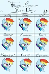Size: 2800x4250 | Tagged: safe, artist:starmaster, derpibooru import, rainbow dash, angry, bored, confident, confused, cute, drunk, drunker dash, expressions, facial expressions, happy, love, open mouth, practice, sad, shocked, smiling, tongue out