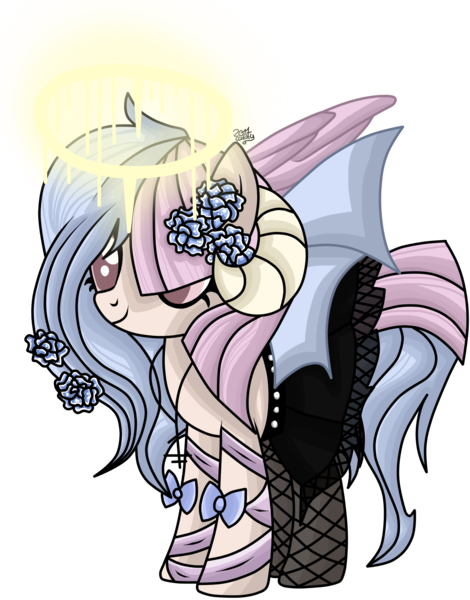 Size: 1663x2125 | Tagged: safe, artist:icey-wicey-1517, artist:queenkisara, artist:sugarplanets, derpibooru import, oc, oc:mischivevous spirit, unofficial characters only, alicorn, bat pony, bat pony alicorn, demon, demon pony, pony, alicorn oc, clothes, female, fishnets, flower, flower in hair, halo, horns, jewelry, mare, necklace, pantyhose, simple background, skirt, skirt lift, solo, transparent background