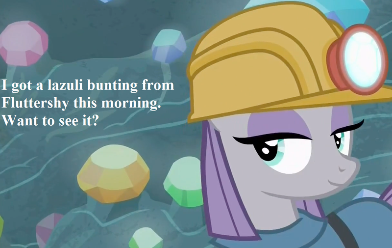 Size: 1216x768 | Tagged: bronybait, cropped, derpibooru import, edit, edited screencap, gem cave, helmet, implied fluttershy, irrational exuberance, lamp, maud pie, mining helmet, rock solid friendship, safe, screencap, smiling, text, when she smiles