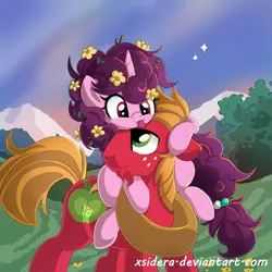 Size: 1000x1000 | Tagged: safe, artist:xsidera, derpibooru import, big macintosh, sugar belle, earth pony, pony, unicorn, female, flower, flower in hair, male, mare, shipping, stallion, straight, sugarmac, tongue out