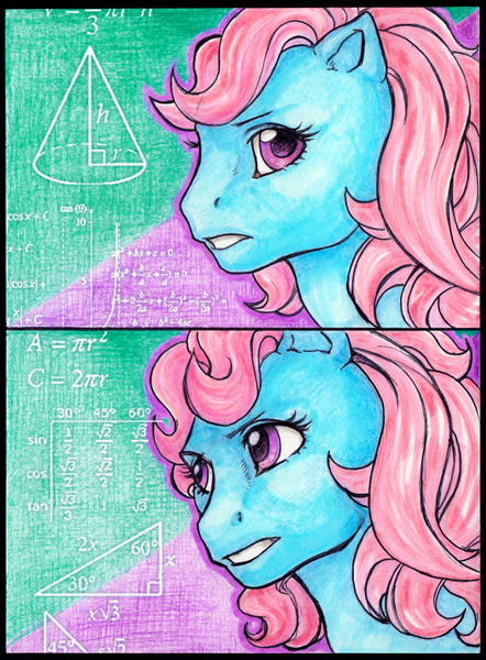 Size: 800x1087 | Tagged: artist:farthingale, cone, derpibooru import, fancy mathematics, g1, geometry, math, math lady meme, meme, safe, solo, thinking, triangle, trigonometry, wind whistler