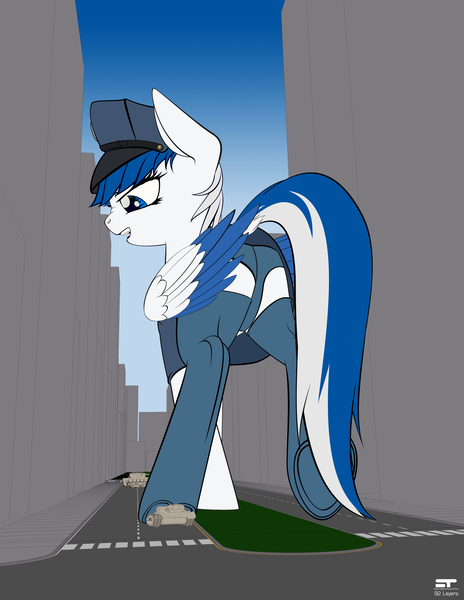 Size: 2550x3300 | Tagged: suggestive, artist:styroponyworks, derpibooru import, oc, oc:striker blue, pony, city, clothes, commission, crush fetish, female, fetish, giant pony, hat, high res, looking down, macro, open mouth, panties, plot, police officer, stockings, tank (vehicle), thigh highs, underhoof, underwear