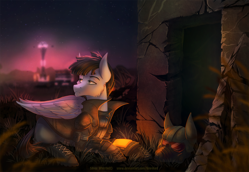 Size: 1500x1039 | Tagged: safe, artist:limreiart, derpibooru import, oc, oc:silver whistle, unofficial characters only, pegasus, pony, fallout equestria, city, clothes, grass, helmet, male, ncr, ncr ranger, pipbuck, solo