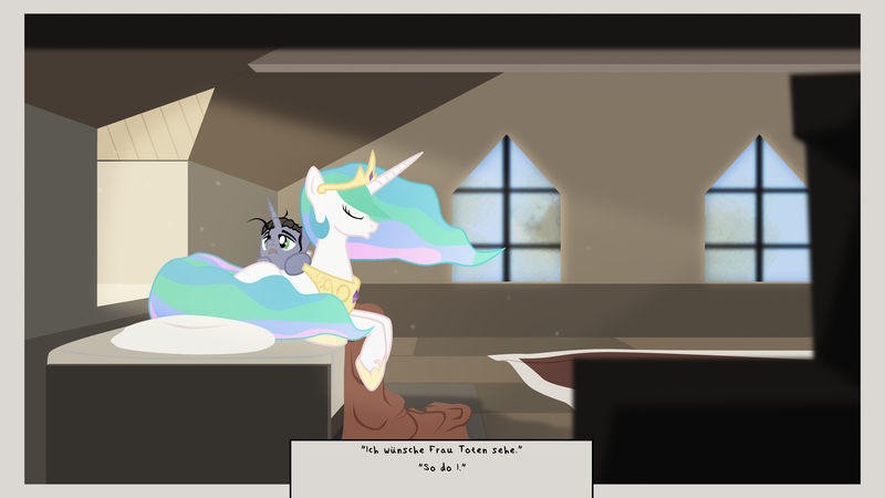 Size: 3798x2136 | Tagged: safe, artist:aaronmk, derpibooru import, princess celestia, ponified, alicorn, earth pony, pony, atg 2018, bed, eyes closed, female, german, male, mare, newbie artist training grounds, philipp mainländer, stallion, text, this will end in suicide pact