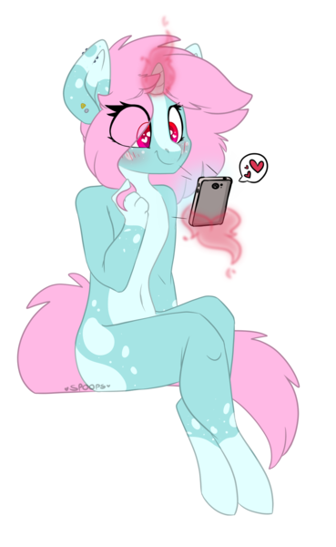 Size: 1102x1792 | Tagged: safe, artist:spoopygander, derpibooru import, oc, oc:scoops, unofficial characters only, anthro, unguligrade anthro, unicorn, blushing, cute, female, flustered, glowing horn, heart, lineart, looking down, magic, markings, outline, phone, piercing, playing with hair, simple background, sitting, smiling, socks (coat marking), solo, sticker, telekinesis, transparent, transparent background