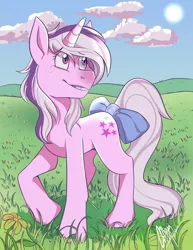 Size: 1024x1325 | Tagged: safe, artist:mayahen, derpibooru import, twilight sparkle, pony, unicorn, bow, female, freckles, g1, happy, mare, meadow, outdoors, redraw, solo, tail bow