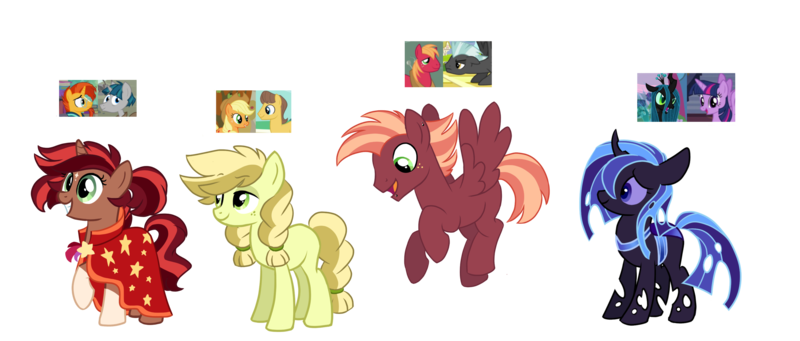 Size: 3196x1361 | Tagged: safe, artist:vovanpetuh, derpibooru import, oc, oc:aliza apple, oc:apple champ, oc:cicada sparkle, oc:scarlet star, unofficial characters only, changepony, earth pony, pegasus, pony, unicorn, crack ship offspring, female, freckles, interspecies offspring, magical gay spawn, magical lesbian spawn, male, mare, offspring, parent:applejack, parent:big macintosh, parent:caramel, parent:queen chrysalis, parent:stygian, parent:sunburst, parent:thunderlane, parent:twilight sparkle, parents:carajack, parents:styburst, parents:stygburst, parents:thundermac, parents:twisalis, simple background, socks (coat marking), stallion, transparent background