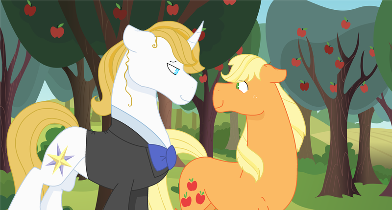 Size: 3972x2128 | Tagged: applejack, artist:moonlightnote, bluejack, clothes, derpibooru import, female, male, missing hat, prince blueblood, safe, shipping, smiling, straight, suit, sweet apple acres