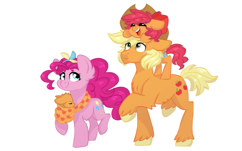 Size: 1280x800 | Tagged: safe, artist:vovanpetuh, derpibooru import, applejack, pinkie pie, oc, oc:paper apple pie, earth pony, pony, applepie, baby, baby pony, beanbrows, bow, clothing theft, colt, eyebrows, family, female, filly, hair bow, lesbian, magical lesbian spawn, male, offspring, parent:applejack, parent:pinkie pie, parents:applepie, pony hat, shipping, simple background, transparent background, unshorn fetlocks