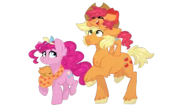 Size: 1280x800 | Tagged: safe, artist:vovanpetuh, derpibooru import, applejack, pinkie pie, oc, oc:paper apple pie, earth pony, pony, applepie, baby, baby pony, beanbrows, bow, clothing theft, colt, eyebrows, family, female, filly, hair bow, lesbian, magical lesbian spawn, male, offspring, parent:applejack, parent:pinkie pie, parents:applepie, pony hat, shipping, simple background, transparent background, unshorn fetlocks