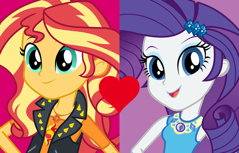Size: 868x554 | Tagged: safe, artist:3d4d, derpibooru import, rarity, sunset shimmer, equestria girls, equestria girls series, clothes, female, geode of empathy, geode of shielding, heart, lesbian, open mouth, shipping, shipping domino, smiling, sunsarity