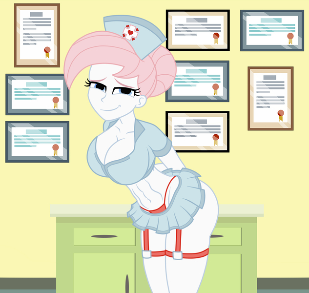 Size: 1900x1800 | Tagged: suggestive, artist:mashoart, derpibooru import, nurse redheart, equestria girls, equestria girls series, bedroom eyes, big breasts, bimbo, breasts, busty nurse redheart, cleavage, clothes, female, garters, hair bun, hands behind back, helloooooo nurse, hospital, lidded eyes, looking at you, midriff, miniskirt, panties, pleated skirt, sexy, skirt, skirt lift, smiling, smirk, solo, solo female, stupid sexy nurse redheart, thong, underwear