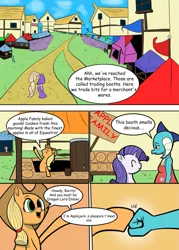 Size: 915x1280 | Tagged: apple, applejack, apple pie, artist:ahobobo, comic:expanding relations, derpibooru import, fanfic art, fist bump, food, hoofbump, pie, ponyville, ponyville market, princess ember, rarity, safe, this will end in weight gain, wingless