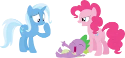 Size: 3586x1684 | Tagged: safe, artist:porygon2z, derpibooru import, pinkie pie, spike, trixie, dragon, earth pony, pony, unicorn, abuse, cruel, eyes closed, female, justice, laughing, male, mare, no mouth, op is butthurt, out of character, revenge, simple background, transparent background, trixiebuse