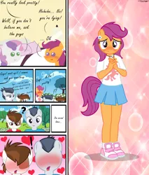 Size: 4633x5440 | Tagged: absurd resolution, anthro, artist:tolpain, blushing, clothes, cute, cutealoo, derpibooru import, dialogue, female, girly, male, miniskirt, park, pipsqueak, pleated skirt, pointy ponies, rumble, safe, scootaloo, shoes, skirt, skirtaloo, socks, surprised, sweetie belle, tomboy taming, weapons-grade cute