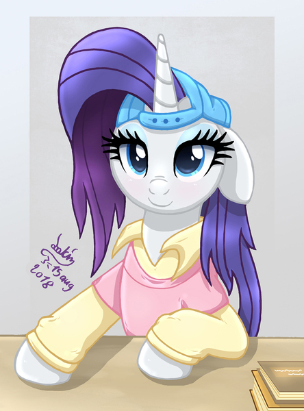 Size: 888x1200 | Tagged: safe, artist:joakaha, derpibooru import, rarity, pony, unicorn, friendship university, alternate hairstyle, backwards ballcap, baseball cap, cap, clothes, female, hat, mare, plainity, shirt, smiling, solo