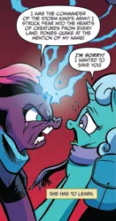 Size: 386x734 | Tagged: safe, artist:andypriceart, derpibooru import, idw, glitter drops, tempest shadow, pony, unicorn, spoiler:comic, spoiler:comic68, angry, broken horn, clothes, cropped, dialogue, duo, eye scar, female, frightened, mare, official comic, red background, remorse, scar, scared, scarf, simple background, sparking horn, speech bubble