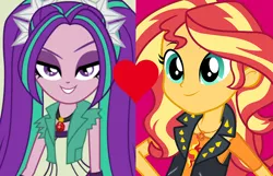 Size: 862x554 | Tagged: safe, artist:3d4d, derpibooru import, aria blaze, sunset shimmer, equestria girls, clothes, female, geode of empathy, lesbian, lidded eyes, looking at you, request, shipping, shipping domino, smiling, sunblaze