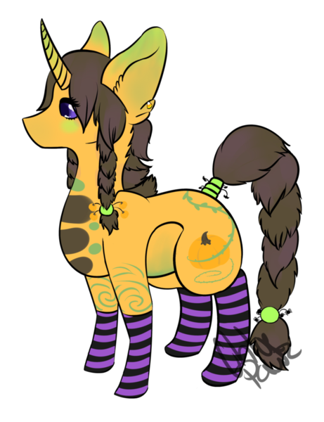 Size: 784x1020 | Tagged: artist needed, safe, derpibooru import, oc, oc:pumpkin witch emily, unofficial characters only, pony, spider, unicorn, braid, braided tail, clothes, pumpkin, simple background, socks, solo, striped socks, transparent background, witch