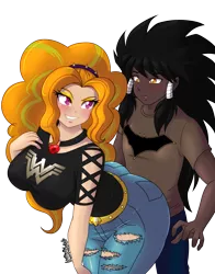 Size: 3137x4000 | Tagged: suggestive, artist:danmakuman, derpibooru import, adagio dazzle, oc, oc:midnight radiance (sixpathspony), human, equestria girls, rainbow rocks, adagiance, adagio dat-azzle, bedroom eyes, bent over, breasts, busty adagio dazzle, canon x oc, clothes, commission, grinding, humanized, humanized oc, lidded eyes, looking back, looking over shoulder, pants, simple background, smiling, the ass was fat, thick