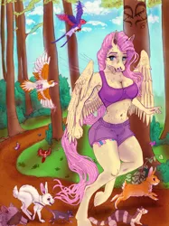 Size: 956x1280 | Tagged: anthro, artist:evilessence, belly button, bird, breasts, busty fluttershy, cleavage, clothes, derpibooru import, female, ferret, fluttershy, forest, hoers, mare, midriff, mouse, pegasus, rabbit, raccoon, running, sports bra, sports shorts, suggestive, sweat, unguligrade anthro, workout