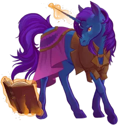 Size: 750x750 | Tagged: safe, artist:sitaart, derpibooru import, oc, oc:frozen blaze, unofficial characters only, pony, unicorn, ponyfinder, arcanist, blue fur, book, clothes, dungeons and dragons, fantasy class, female, magic, mare, orange eyes, pathfinder, pen and paper rpg, purple hair, rpg, simple background, solo, transparent background