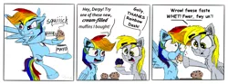 Size: 2100x783 | Tagged: safe, artist:chopsticks, derpibooru import, derpy hooves, rainbow dash, pegasus, pony, backfire, chest fluff, comic, cream cheese, cute, derp, dialogue, ear fluff, eating, female, flying, food, funny, hoof fluff, humor, mare, mayonnaise, muffin, prank, prank gone wrong, sauce, simple background, syringe, text