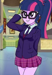 Size: 1045x1500 | Tagged: safe, artist:philelmago, derpibooru import, sci-twi, twilight sparkle, equestria girls, friendship games, rainbow rocks, canterlot high, clothes, everfree forest, glasses, necktie, school uniform, shirt, skirt, solo, student