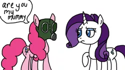 Size: 1920x1080 | Tagged: safe, artist:cherry1cupcake, derpibooru import, pinkie pie, rarity, earth pony, pony, unicorn, doctor who, gas mask, mask, rarity is not amused, the empty child, unamused