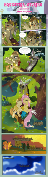 Size: 1919x7120 | Tagged: safe, artist:estories, derpibooru import, discord, fluttershy, oc, oc:alice goldenfeather, draconequus, pegasus, pony, comic:find yourself, comic, crying, dappled sunlight, female, hug, mare, tears of joy, tree