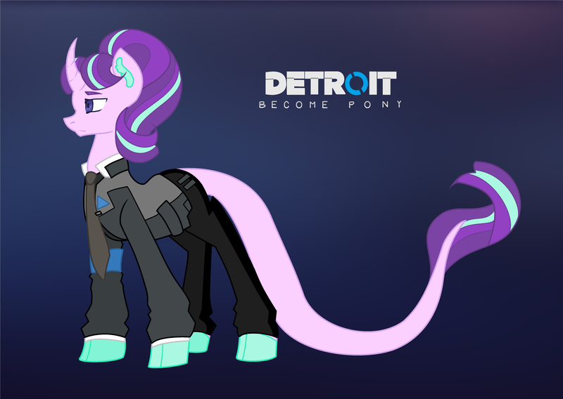 Size: 4672x3320 | Tagged: safe, artist:musicbetmlp, derpibooru import, starlight glimmer, classical unicorn, pony, unicorn, clothes, cloven hooves, connor, cosplay, costume, crossover, curved horn, detroit: become human, female, gradient background, jacket, leonine tail, mare, pants, rk800, solo, suit, unshorn fetlocks, video game