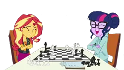 Size: 1280x720 | Tagged: safe, artist:superbobiann, derpibooru import, editor:superbobiann, sci-twi, sunset shimmer, twilight sparkle, equestria girls, equestria girls series, background removed, checkmate, chess, chessboard incorrectly oriented, clothes, duo, duo female, eyes closed, female, glasses, laughing, simple background, table, transparent background