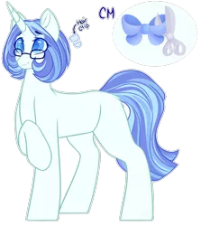 Size: 1091x1223 | Tagged: safe, artist:purplegrim40, derpibooru import, oc, oc:custom surprise, unofficial characters only, pony, unicorn, bow, eyelashes, female, glasses, horn, image, mare, offspring, parent:coco pommel, parents:canon x oc, png, raised hoof, scissors, simple background, solo, transparent background, unicorn oc