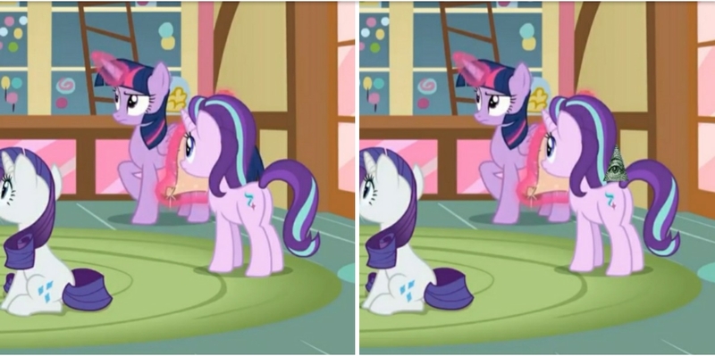 Size: 1198x598 | Tagged: alicorn, all seeing eye, comparison, derpibooru import, edit, edited screencap, editor:axal-5, illuminati, illuminati confirmed, plot, rarity, safe, school daze, screencap, side by side, starlight glimmer, twilight sparkle, twilight sparkle (alicorn)