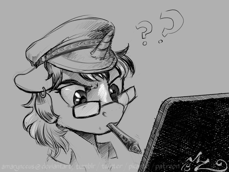 Size: 1200x900 | Tagged: safe, artist:amarynceus, deleted from derpibooru, derpibooru import, oc, oc:amarynceus, unofficial characters only, pony, unicorn, art, confused, drawing, drawing tablet, female, glasses, hat, mare, monochrome, solo, stylus, tablet